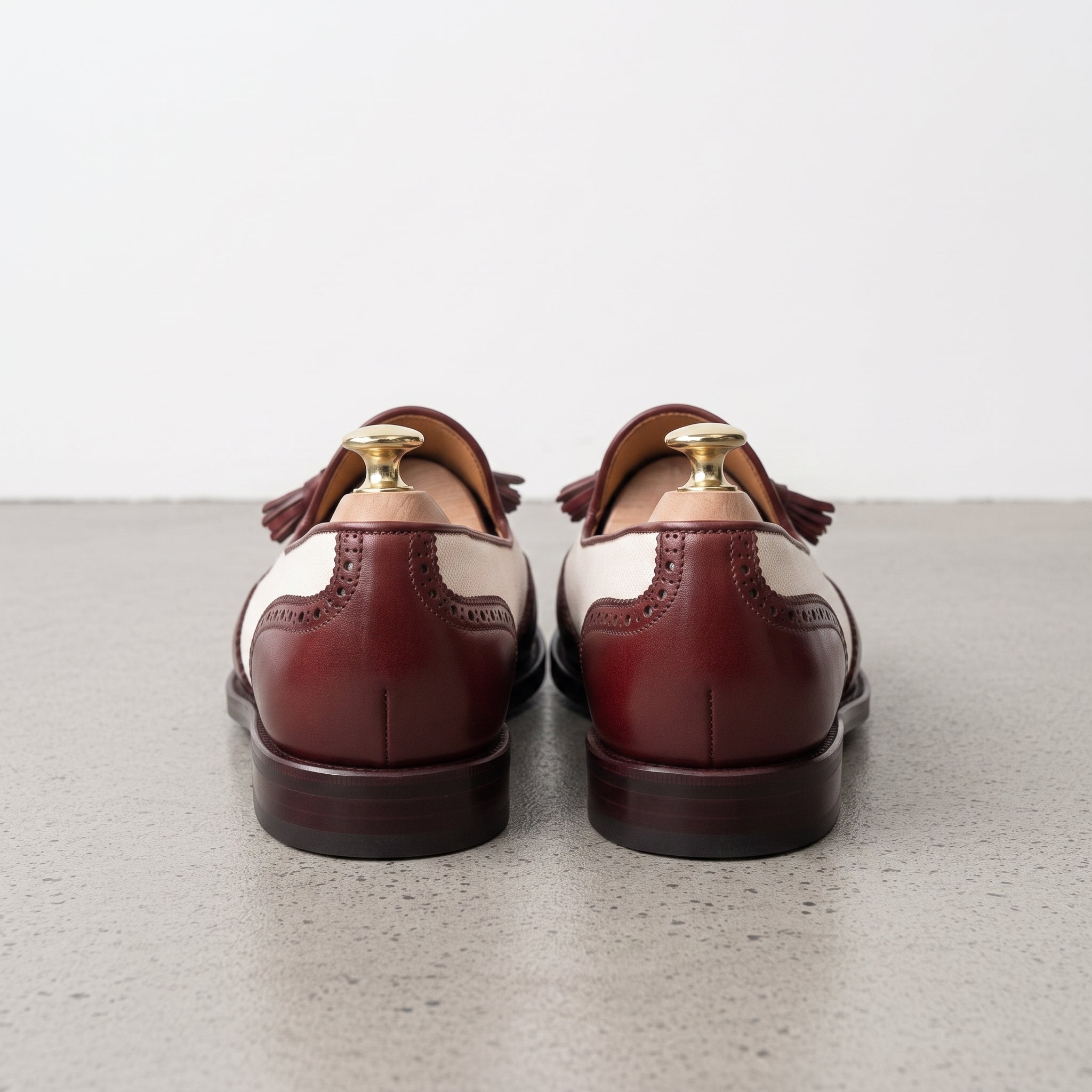 Men's Off-White and Burgundy Wingtip Leather Tassel Loafers — Badlesmere