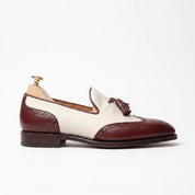 Men's Off-White and Burgundy Wingtip Leather Tassel Loafers — Badlesmere