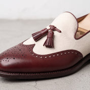 Men's Off-White and Burgundy Wingtip Leather Tassel Loafers — Badlesmere