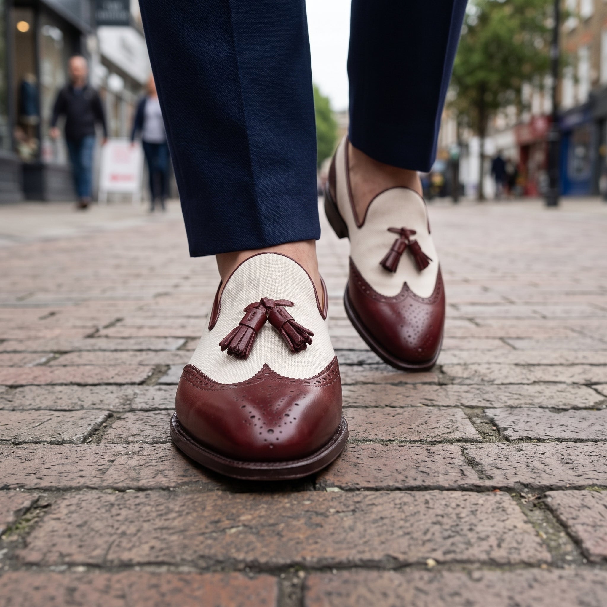 Men's Fashion Wingtip Two Tone Leather Shoes Beige and Burgundy Shoes
