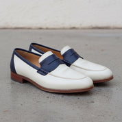 Men's Off-White and Dark Blue Apron-Toe Leather Penny Loafers — Perkins