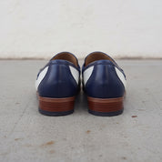 Men's Off-White and Dark Blue Apron-Toe Leather Penny Loafers — Perkins