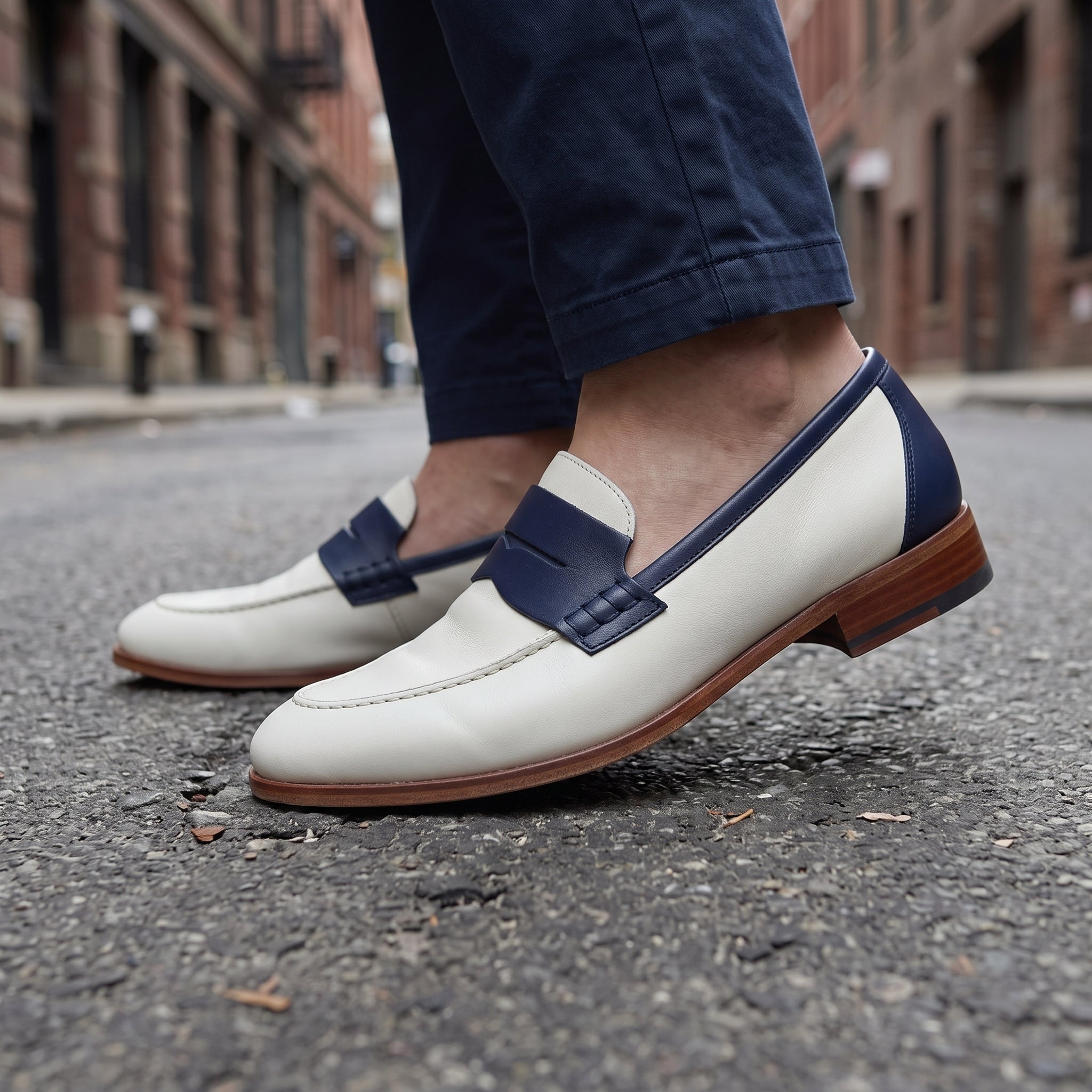Men's Off-White and Dark Blue Apron-Toe Leather Penny Loafers — Perkins