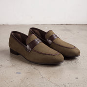 Men's Olive and Dark Brown Apron-Toe Suede Penny Loafers — Branley