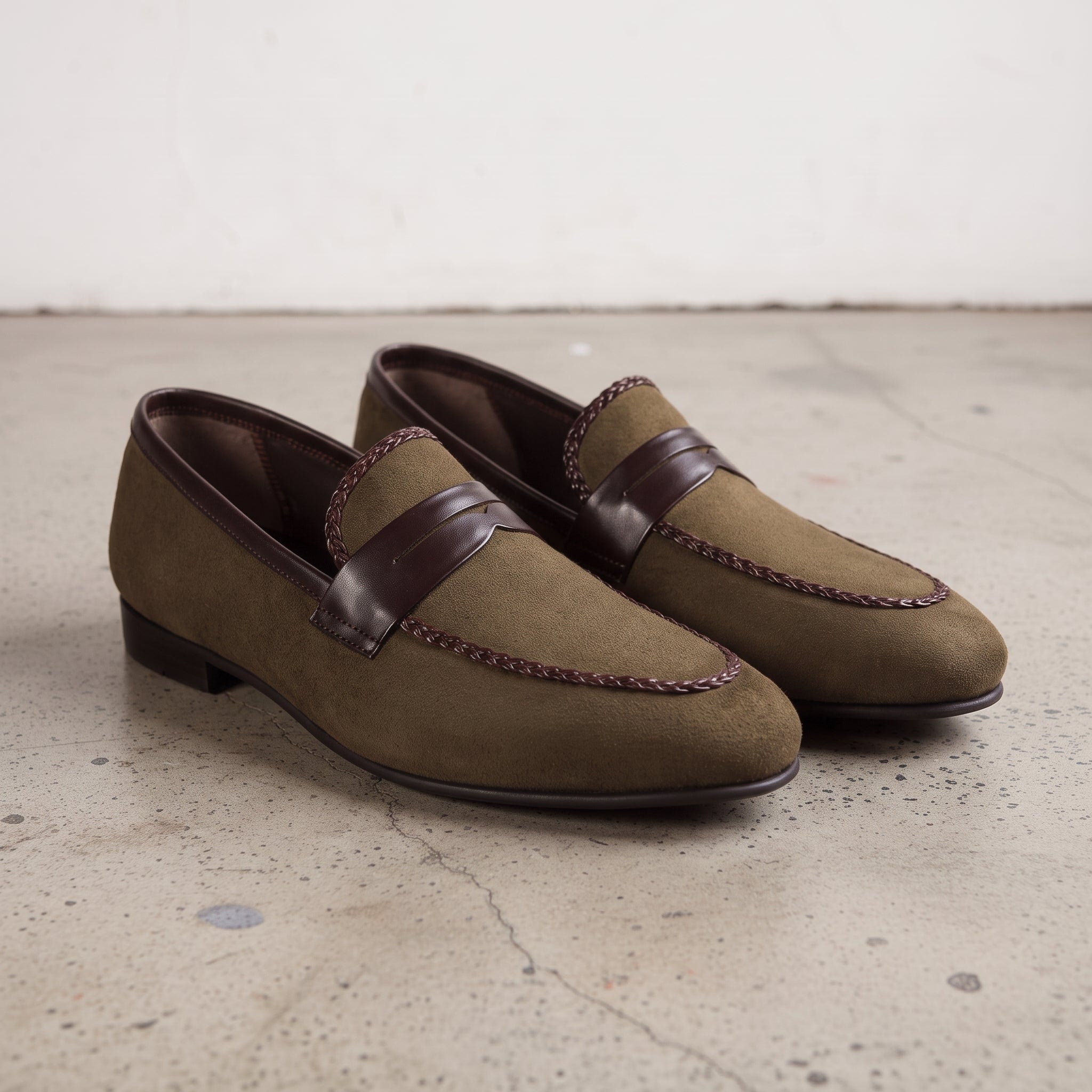 Men's Olive and Dark Brown Apron-Toe Suede Penny Loafers — Branley