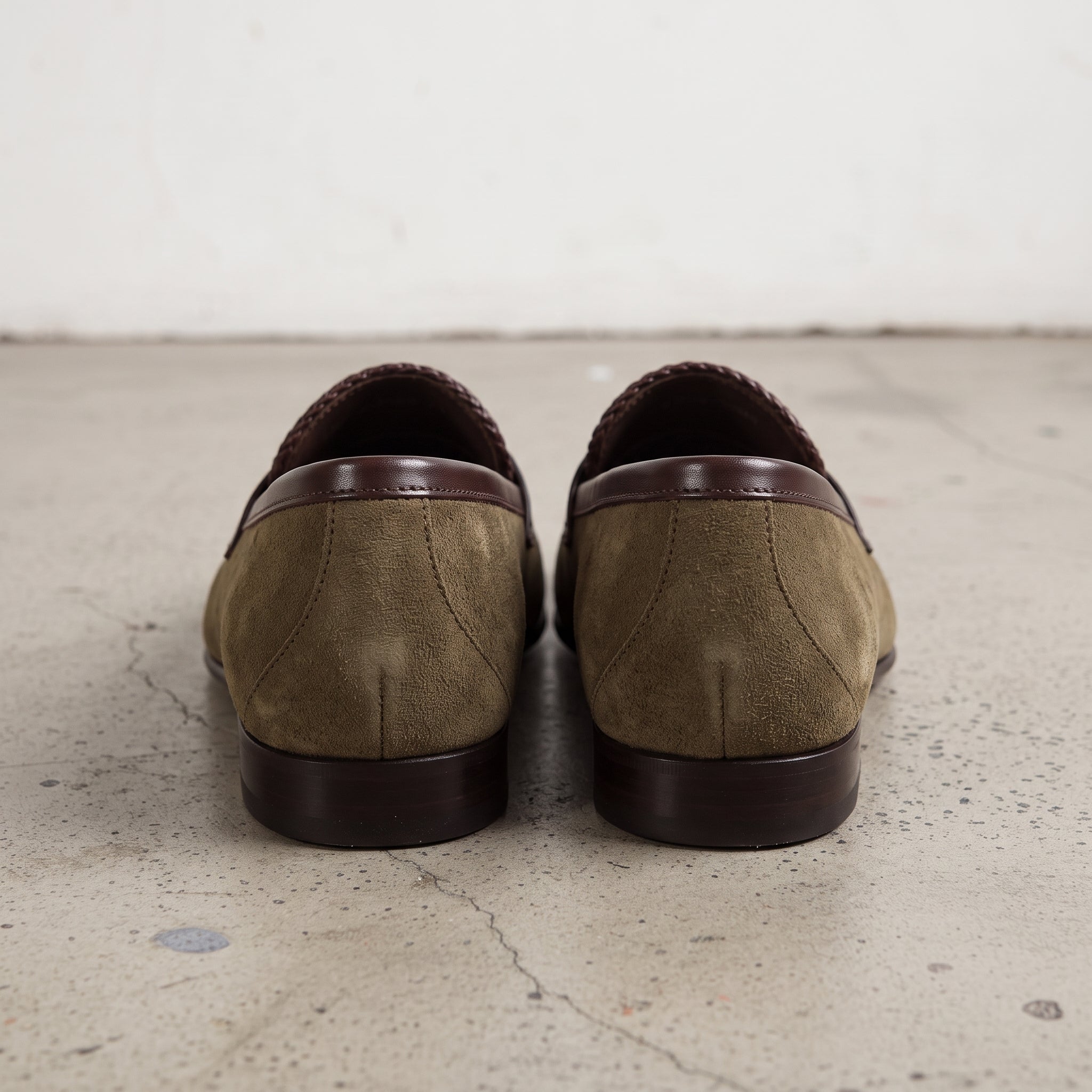 Men's Olive and Dark Brown Apron-Toe Suede Penny Loafers — Branley