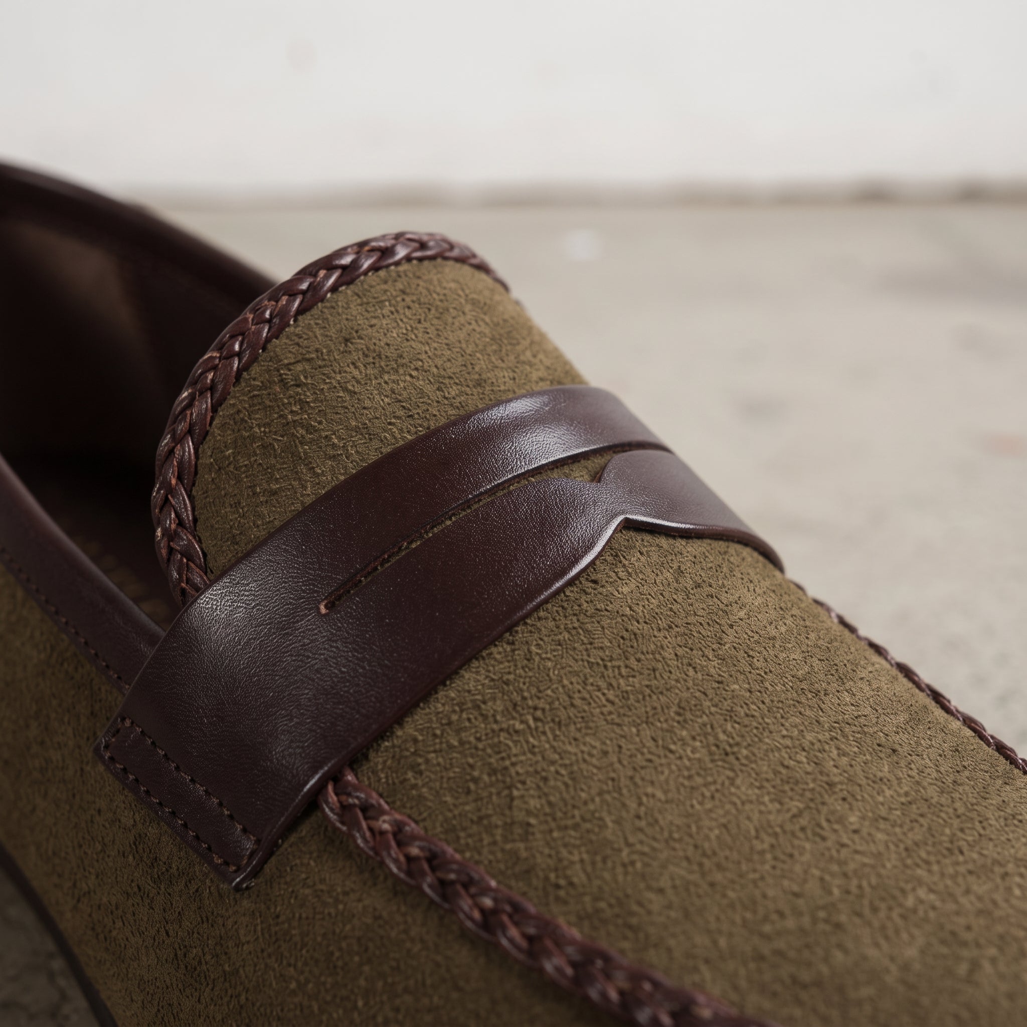 Men's Olive and Dark Brown Apron-Toe Suede Penny Loafers — Branley