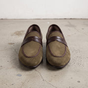 Men's Olive and Dark Brown Apron-Toe Suede Penny Loafers — Branley