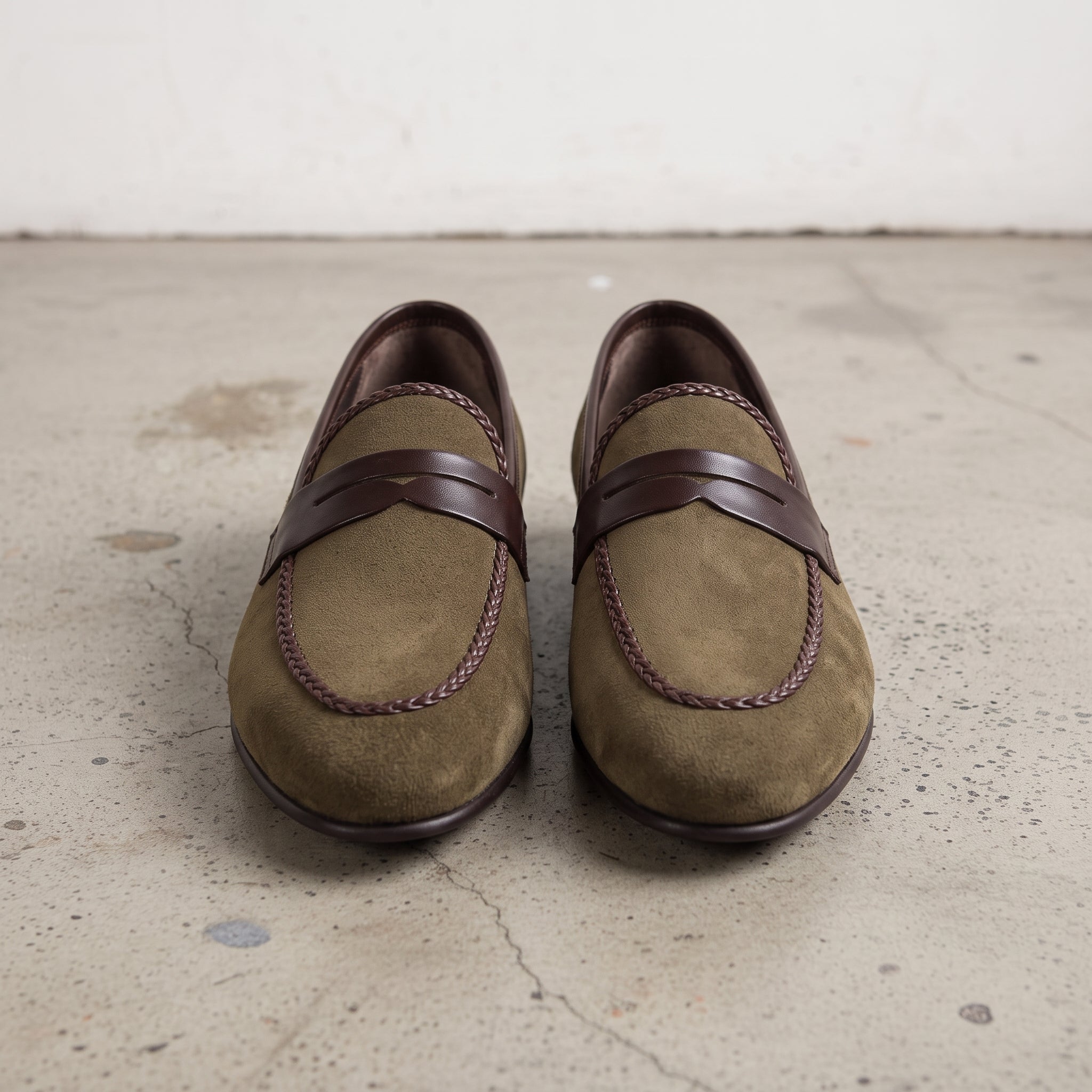 Men's Olive and Dark Brown Apron-Toe Suede Penny Loafers — Branley