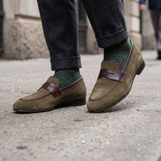 Men's Olive and Dark Brown Apron-Toe Suede Penny Loafers — Branley