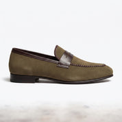 Men's Olive and Dark Brown Apron-Toe Suede Penny Loafers — Branley