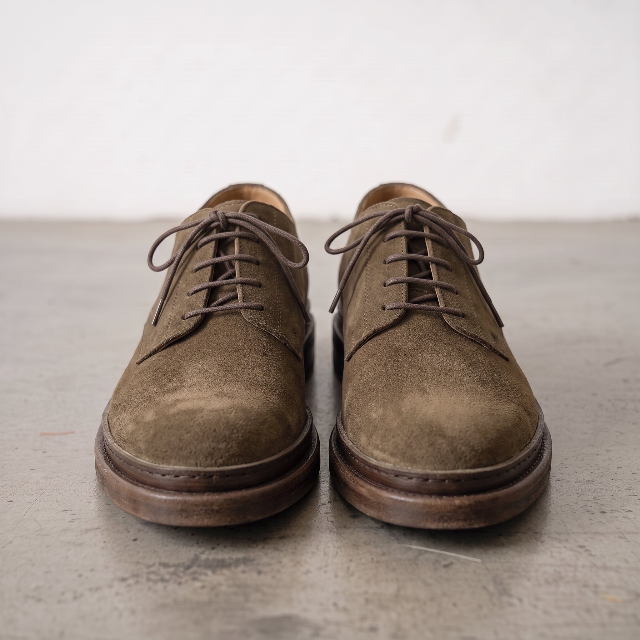 Men's Olive Brown Suede Plain-Toe Derby Shoes — Groves