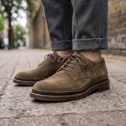 Men's Olive Brown Suede Plain-Toe Derby Shoes — Groves