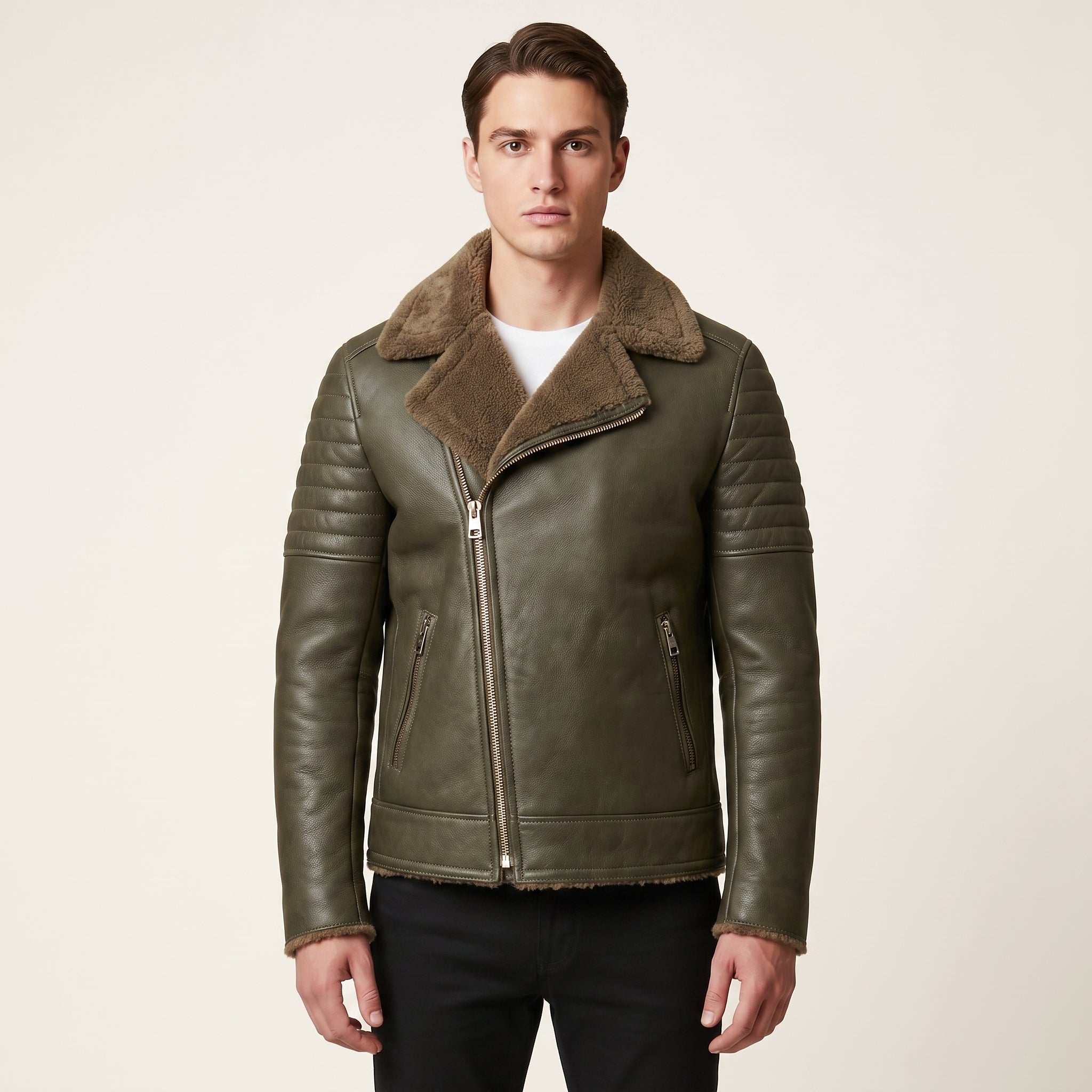 Men's Olive Green and Brown Shearling Leather Biker Jacket — Brighouse