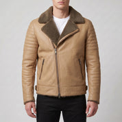 Men's Olive Green and Tan Shearling Leather Biker Jacket — Brighouse