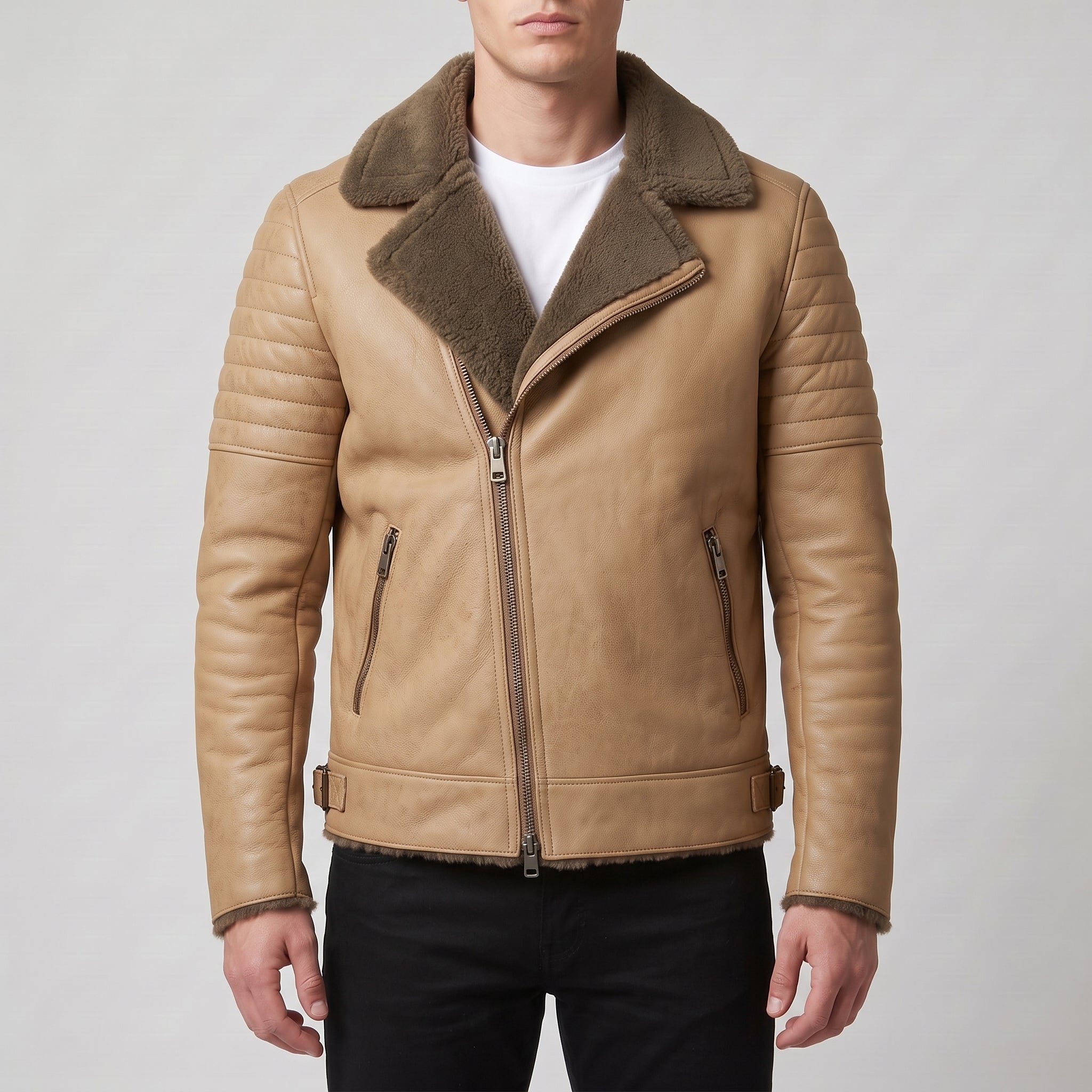 Men's Olive Green and Tan Shearling Leather Biker Jacket — Brighouse