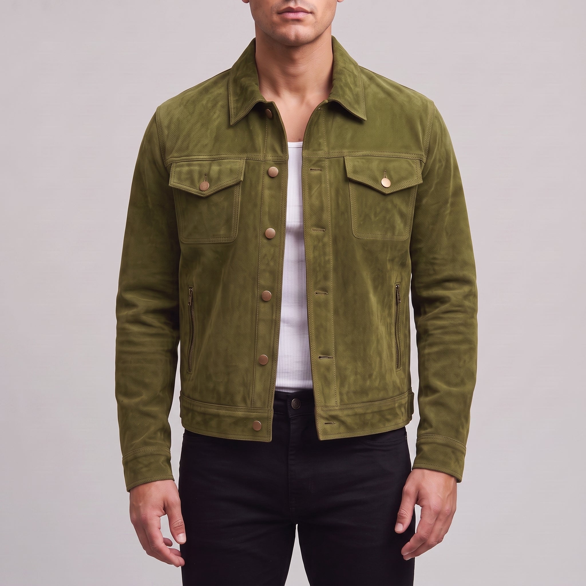 Men's Olive Green Cropped Suede Trucker Jacket — Egbert