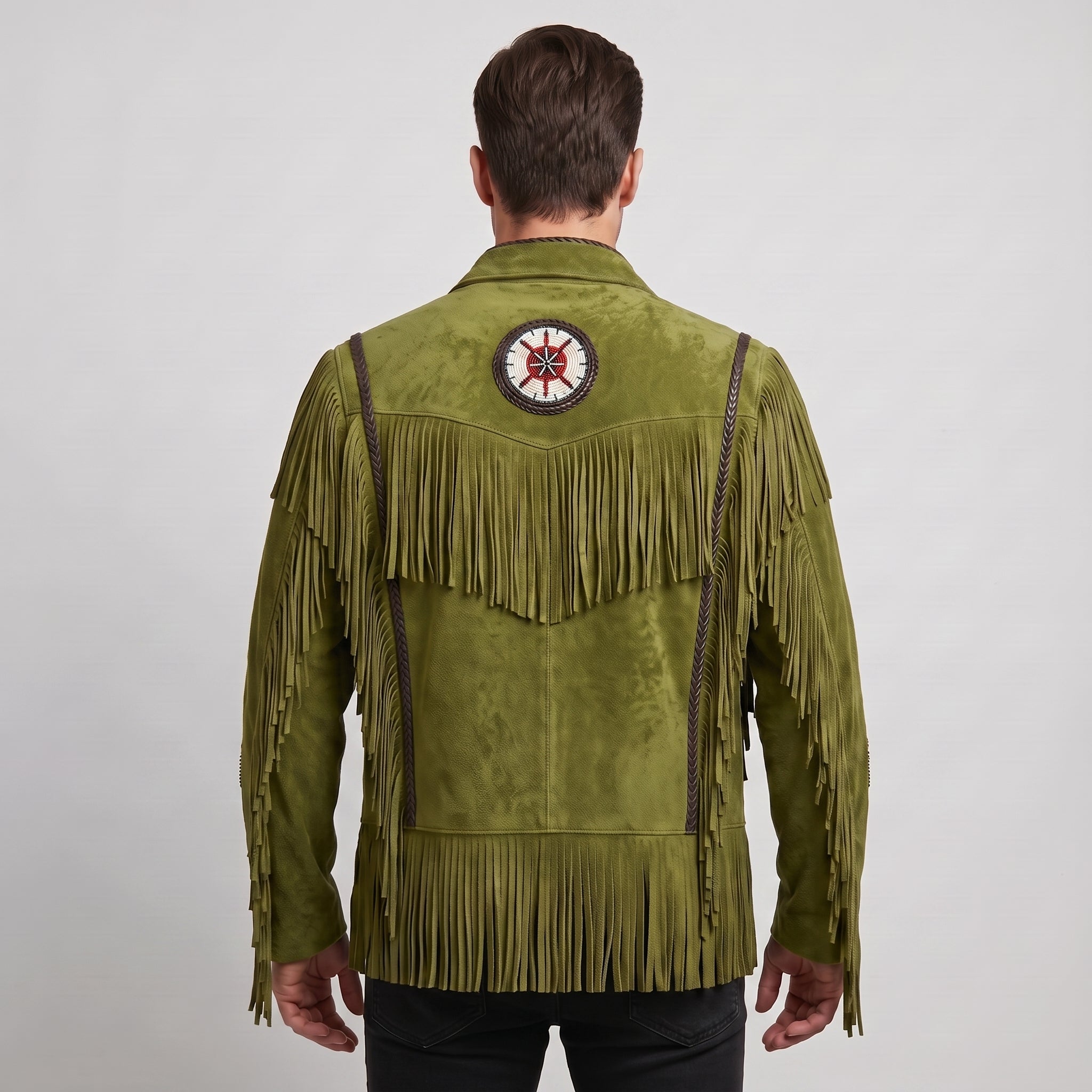 Men's Olive Green Fringe Beaded Suede Jacket — Cottrell