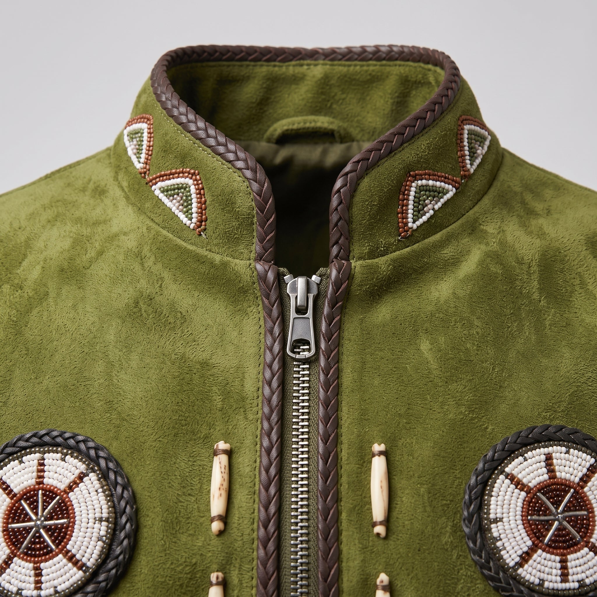 Men's Olive Green Fringe Beaded Suede Jacket — Cottrell