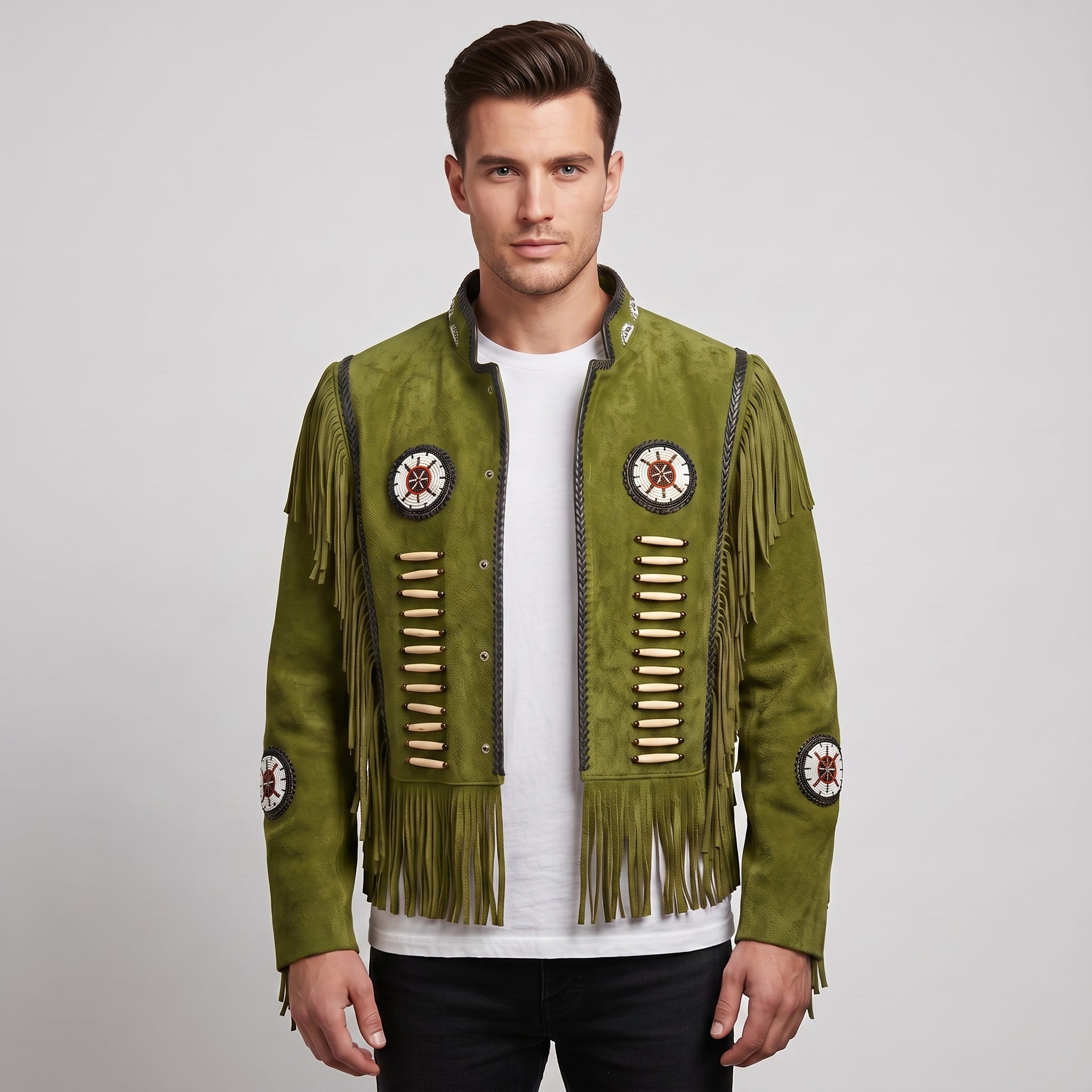 Men's Olive Green Fringe Beaded Suede Jacket — Cottrell