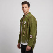 Men's Olive Green Fringe Beaded Suede Jacket — Cottrell