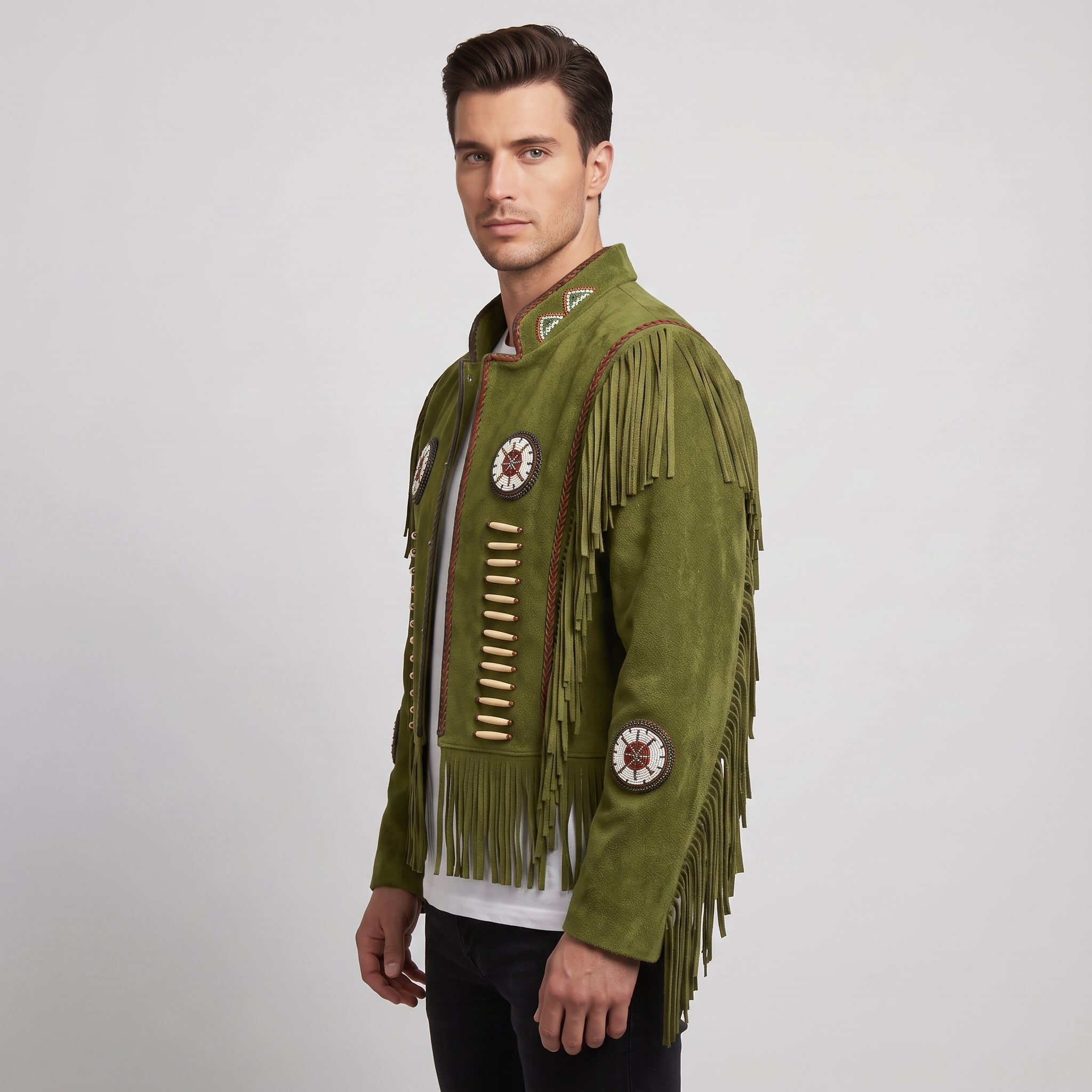 Men's Olive Green Fringe Beaded Suede Jacket — Cottrell