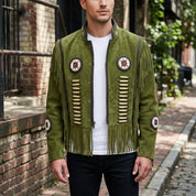 Men's Olive Green Fringe Beaded Suede Jacket — Cottrell