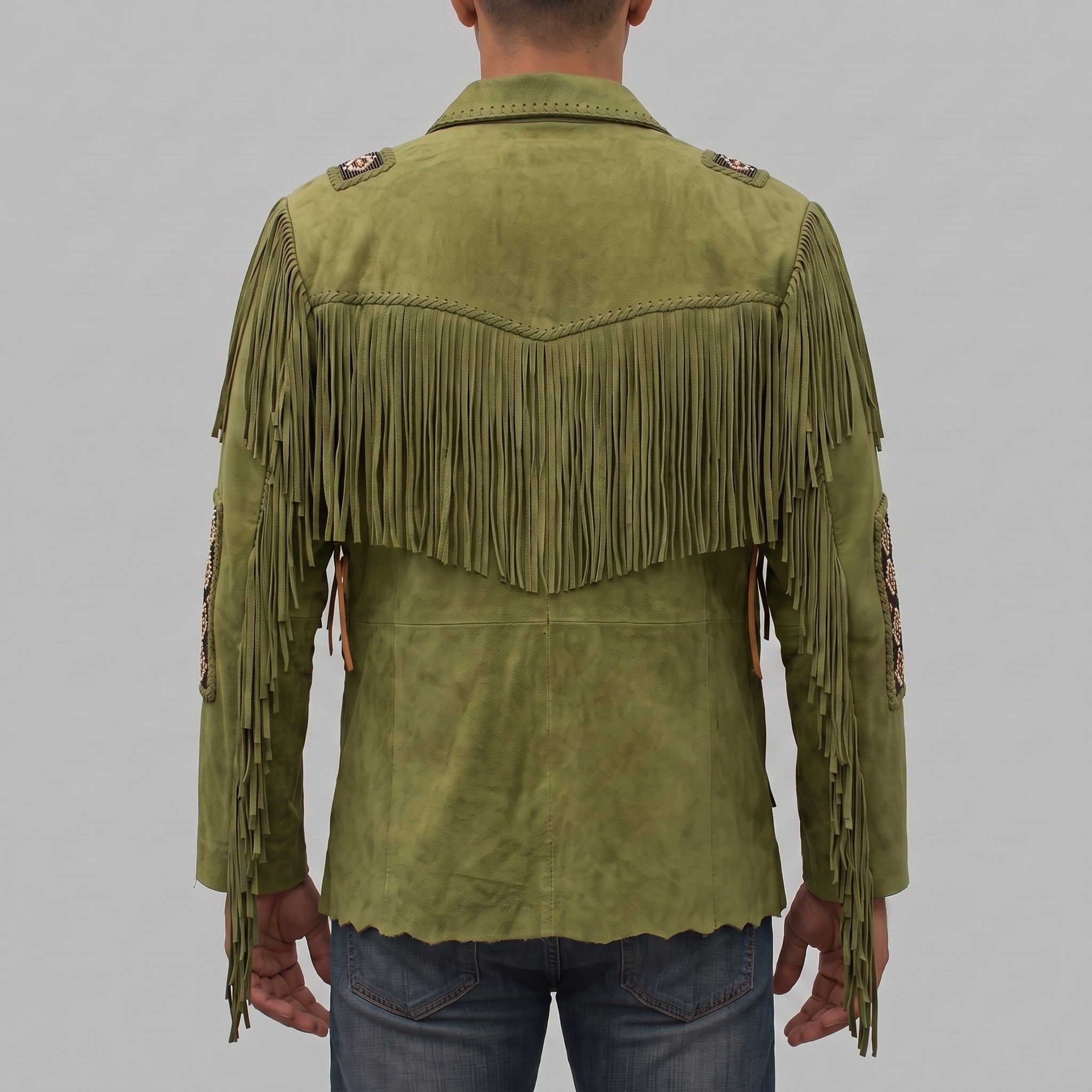 Men's Olive Green Fringed Suede Western Jacket — Calveley