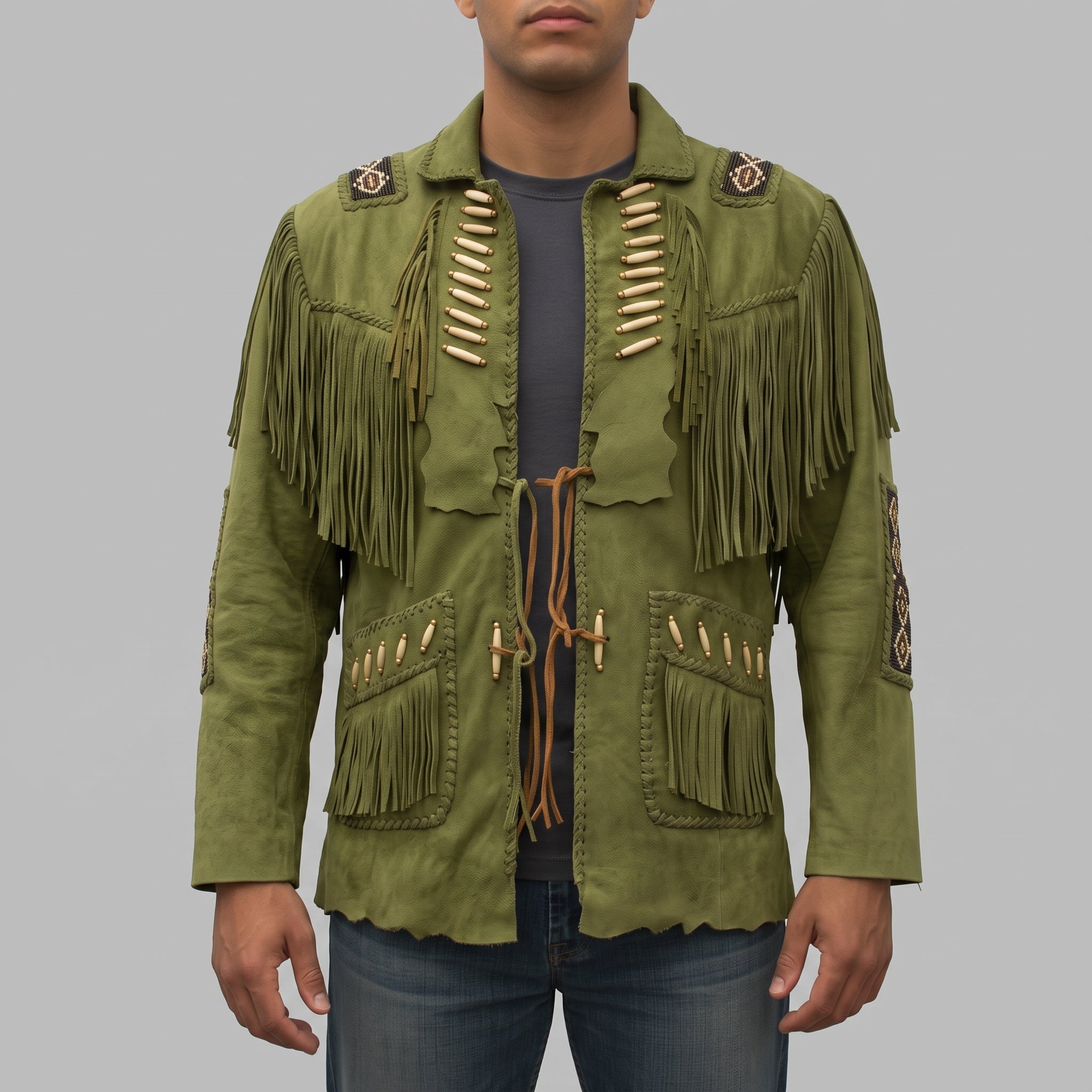 Men's Olive Green Fringed Suede Western Jacket — Calveley