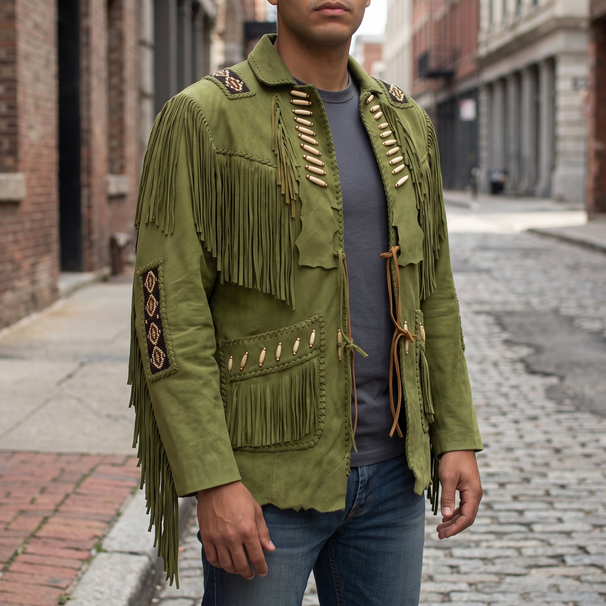 Men's Olive Green Fringed Suede Western Jacket — Calveley