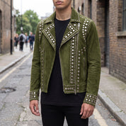 Men's Olive Green Studded Suede Biker Jacket — Ainstable