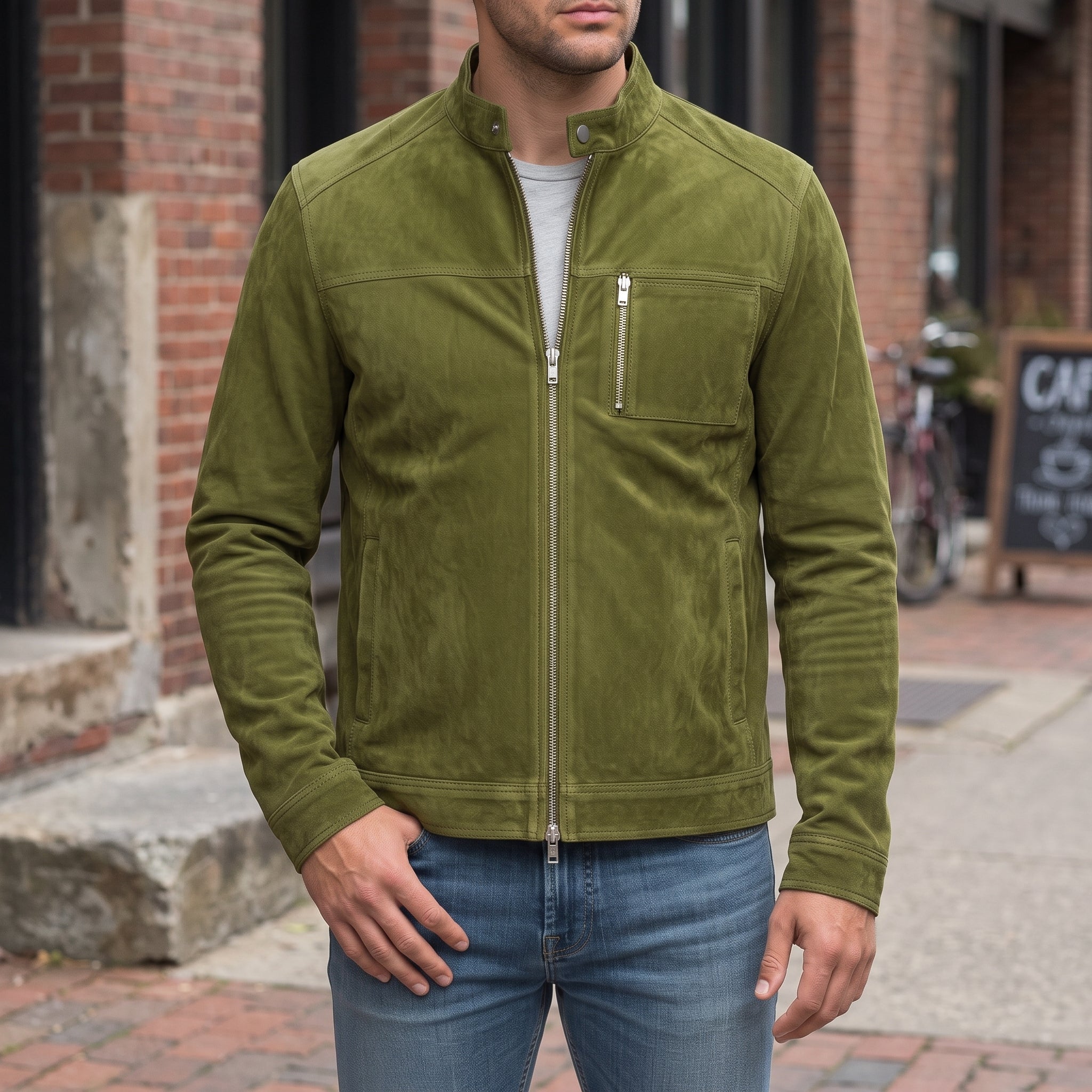 Men's Olive Green Suede Biker Jacket — Amesbury