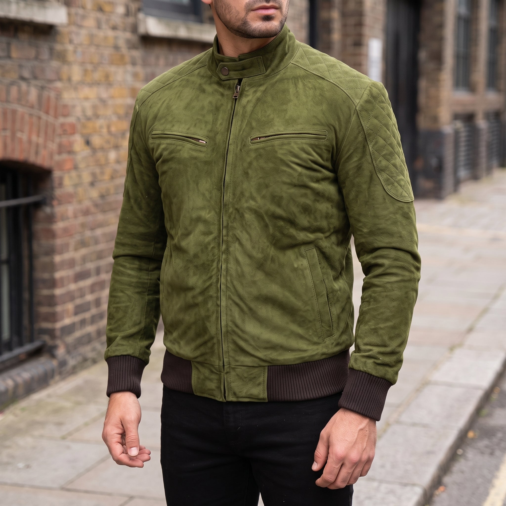 Men's Olive Green Suede Bomber Jacket — Bainton