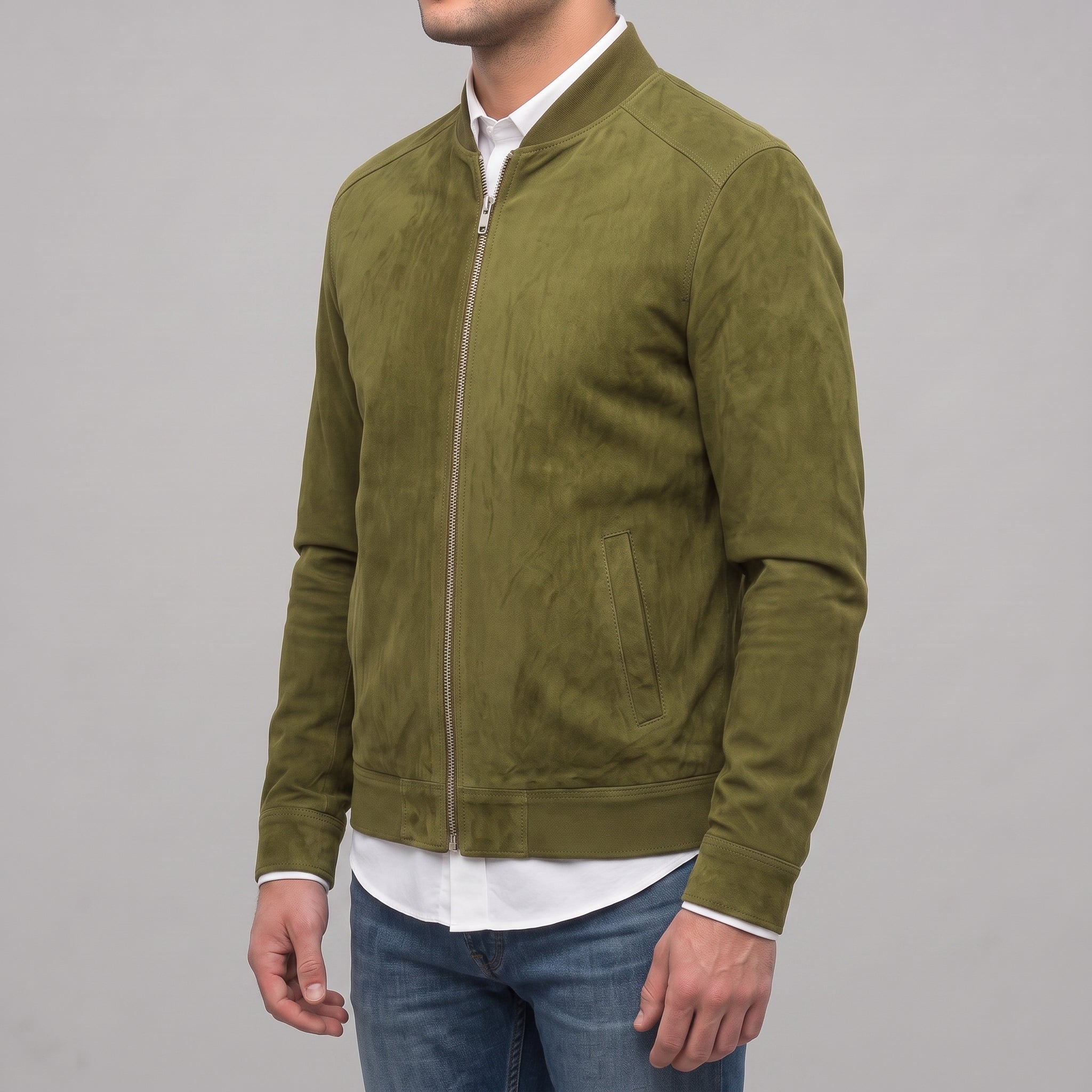 Men's Olive Green Suede Bomber Jacket — Collier