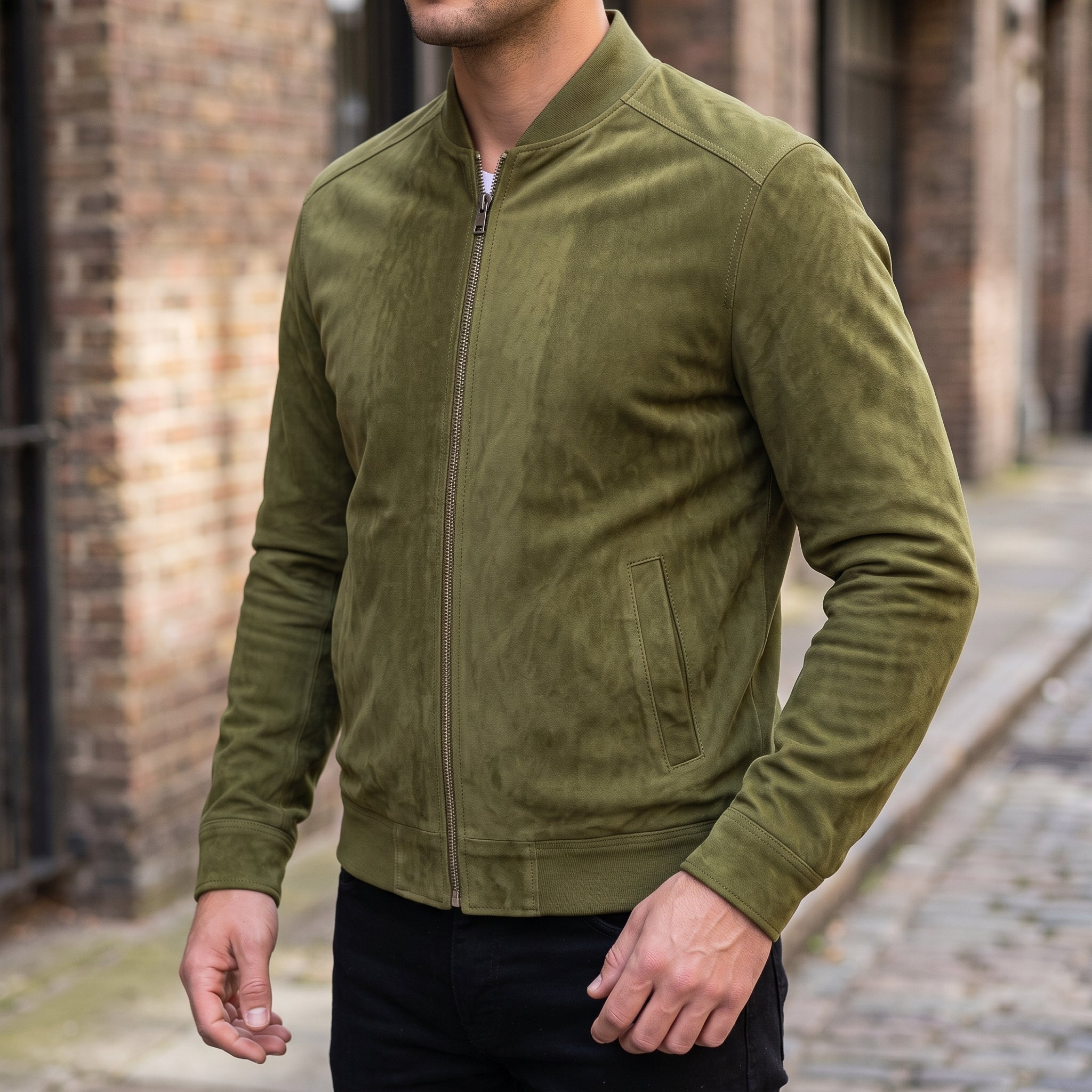 Men's Olive Green Suede Bomber Jacket — Collier