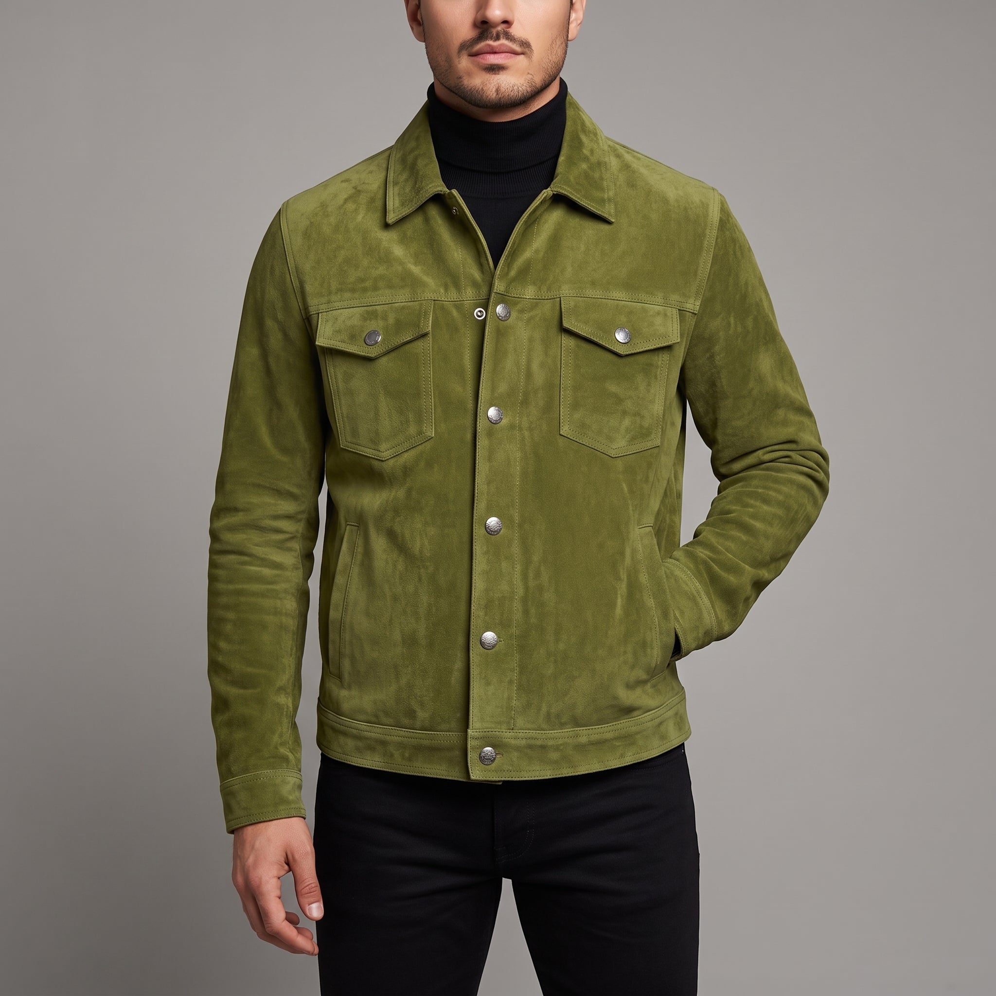 Men's Olive Green Suede Trucker Jacket — Dockley
