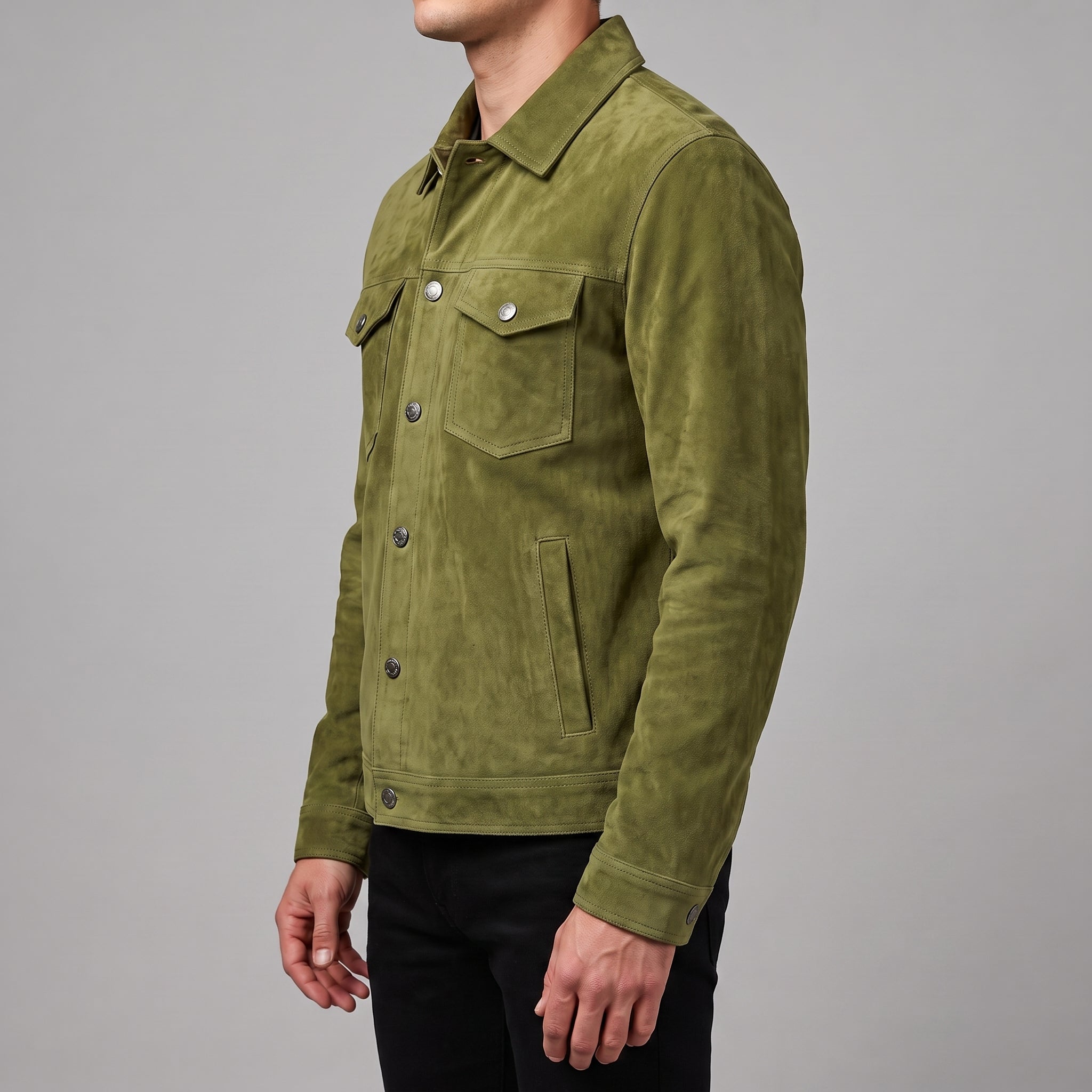 Men's Olive Green Suede Trucker Jacket — Dockley