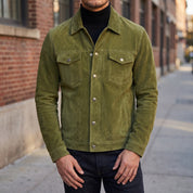 Men's Olive Green Suede Trucker Jacket — Dockley