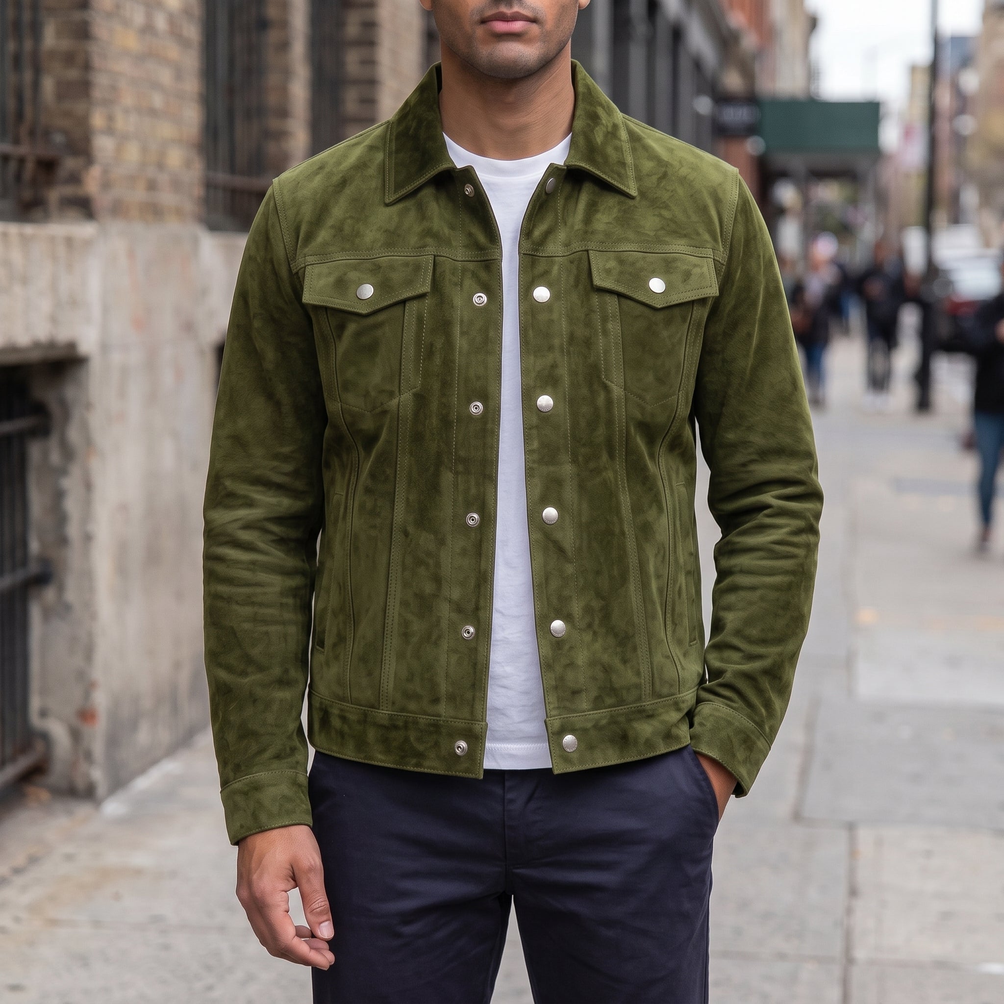 Men's Olive Green Suede Trucker Jacket — Gladwell