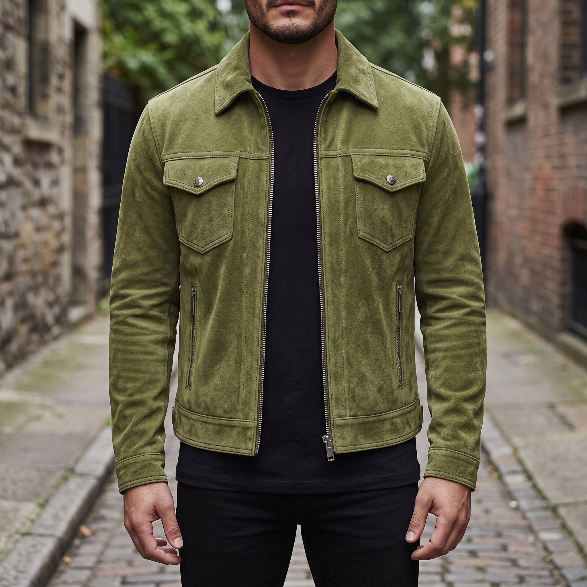 Men's Olive Green Suede Trucker Jacket — Ward
