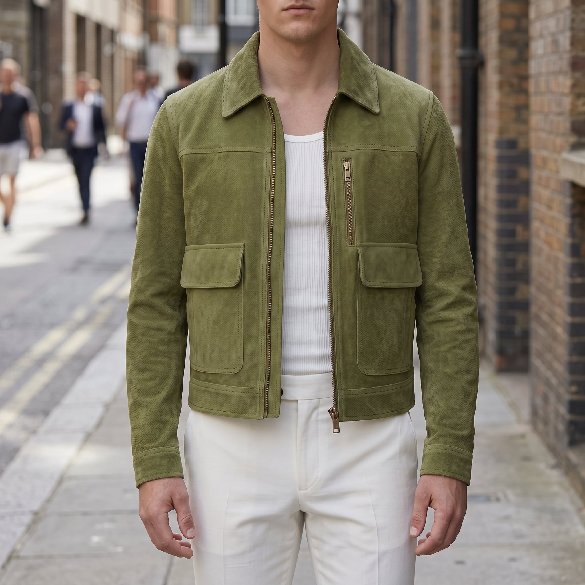 Men's Olive Green Suede Utility Jacket — Allendale