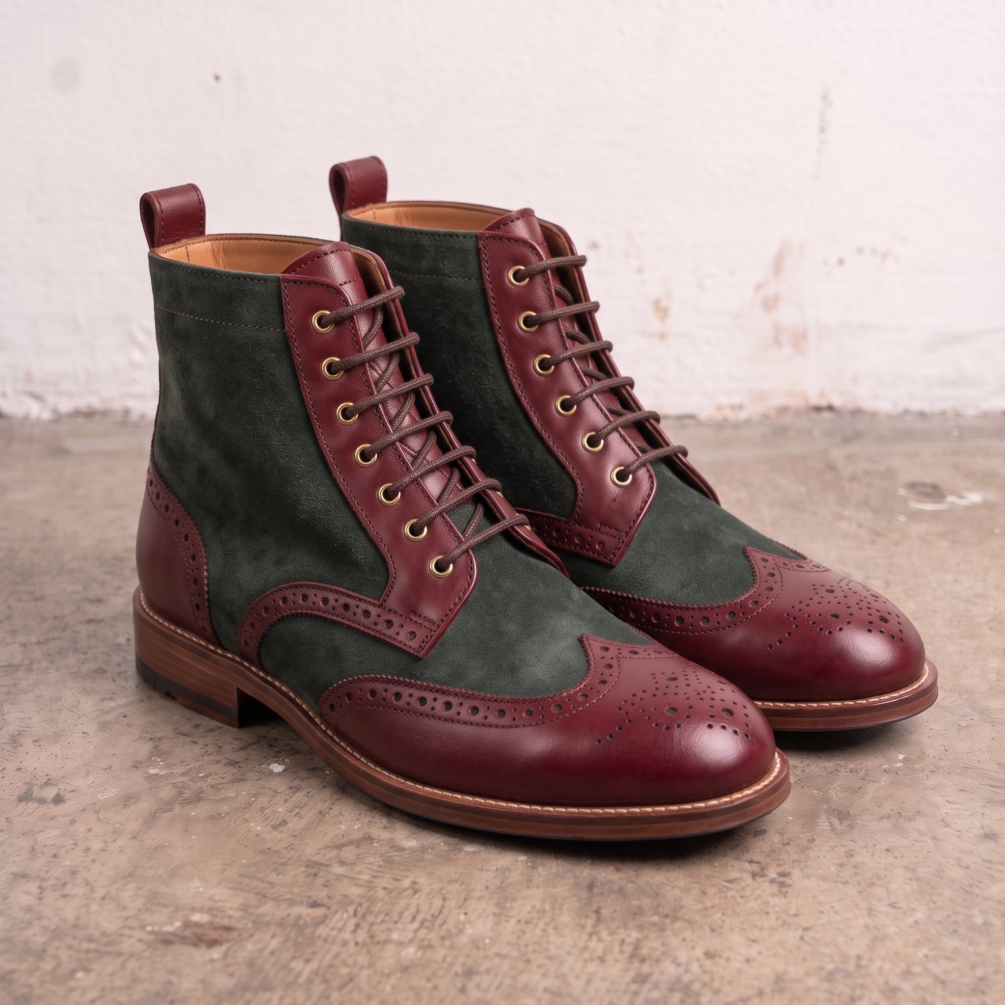 Men's Burgundy and Dark Green Wingtip Leather Derby Boots — Eskridge