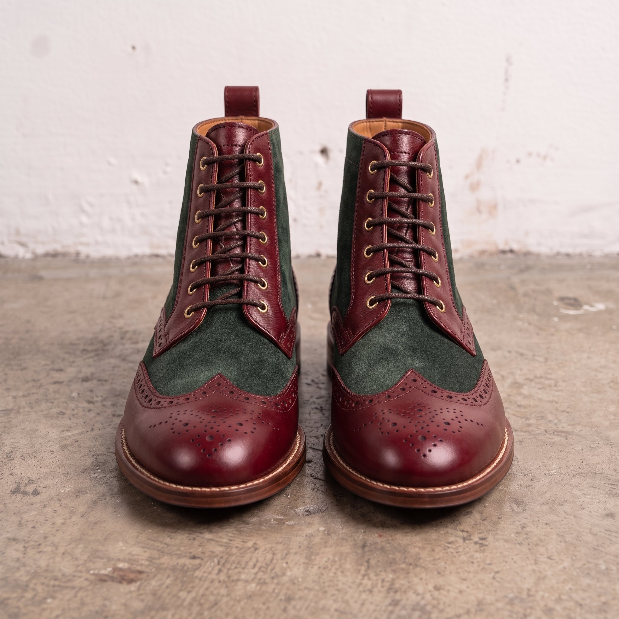 Men's Burgundy and Dark Green Wingtip Leather Derby Boots — Eskridge