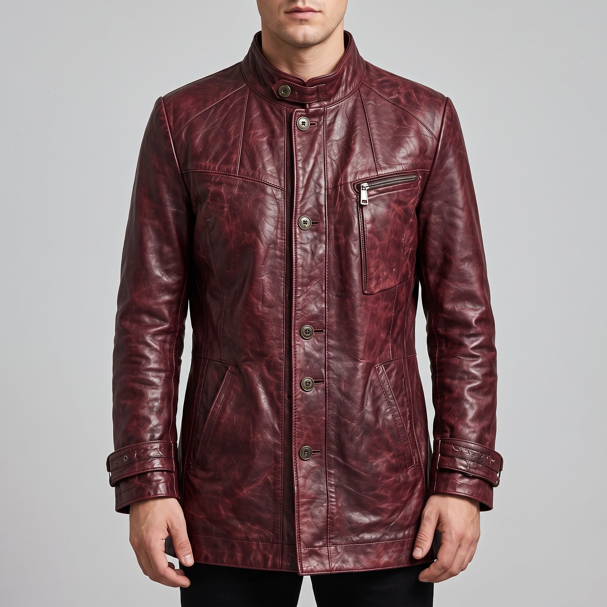 Men's Burgundy Leather Car Coat — Acrebank