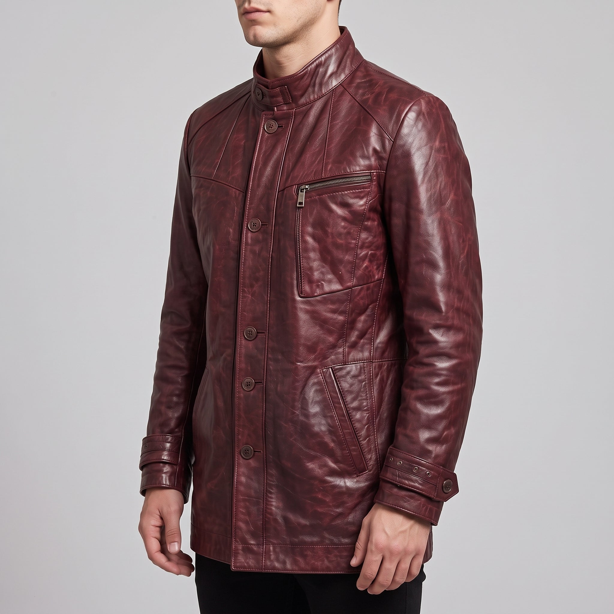 Men's Burgundy Leather Car Coat — Acrebank