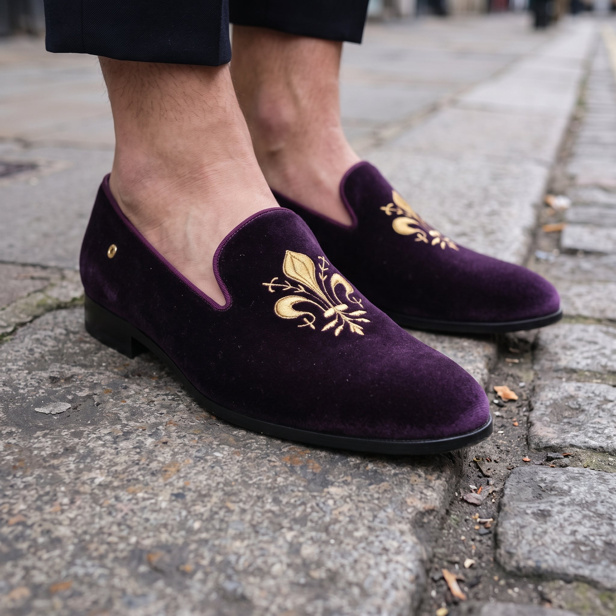 Men's Purple Embroidered Velvet Loafers — Coolidge