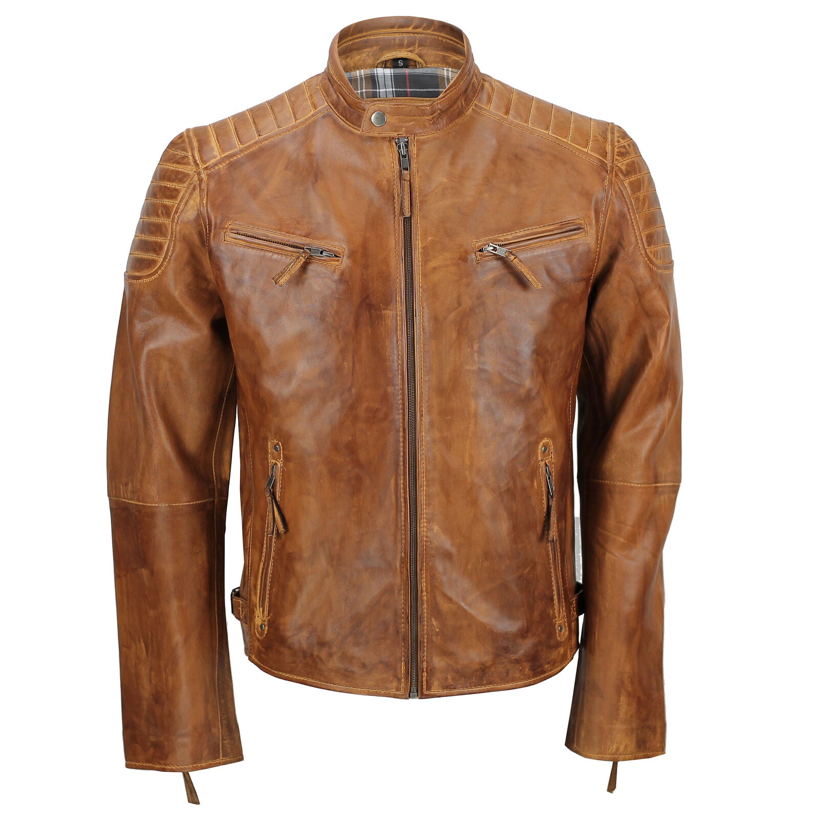 Mens Real Soft Leather Slim Fit Antique Washed brown Retro Zip Biker Jacket