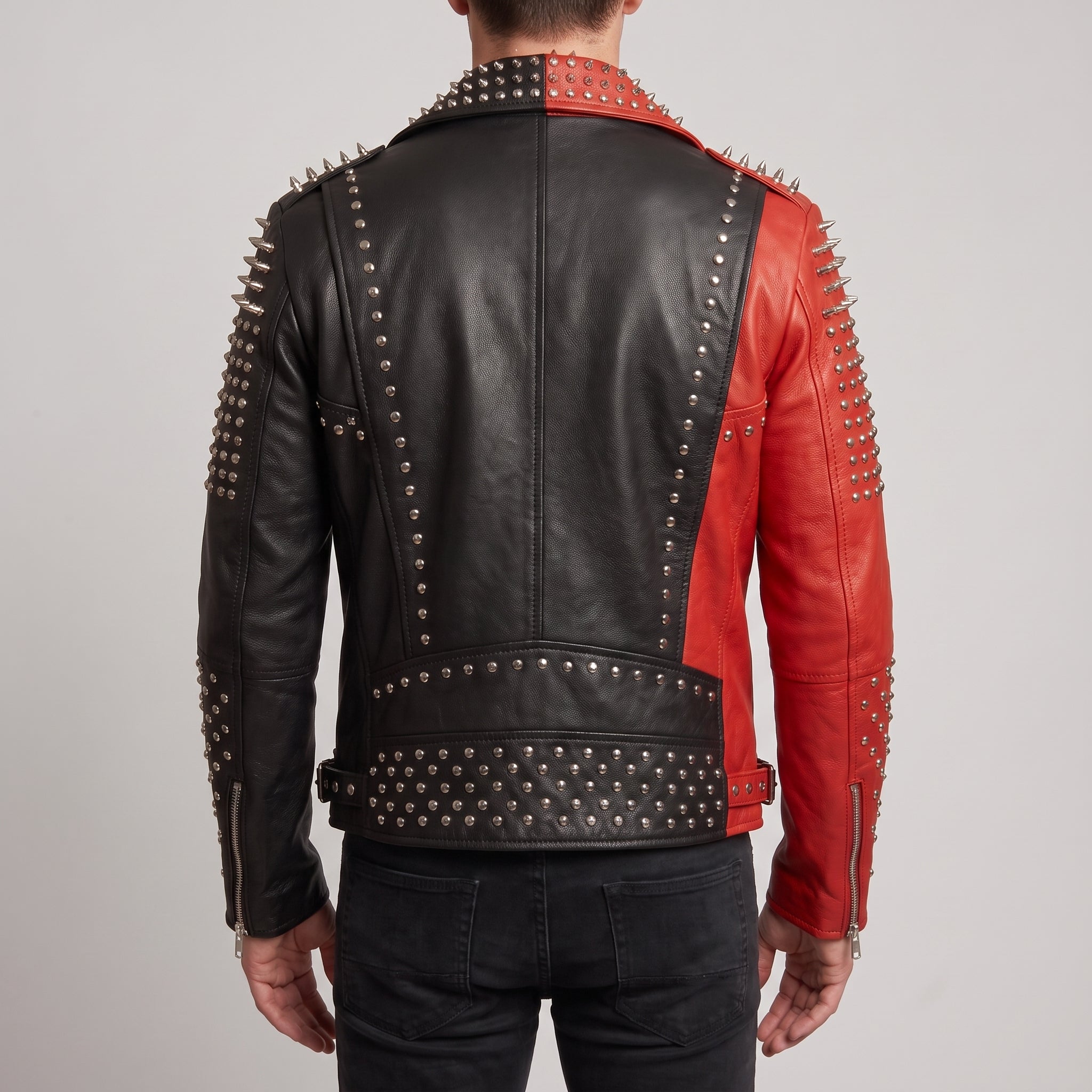 Men's Red and Black Studded Leather Biker Jacket — Gundry