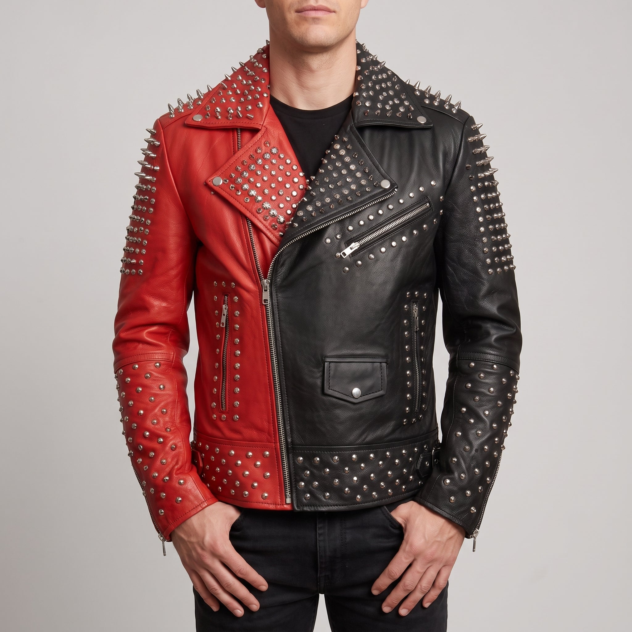 Men's Red and Black Studded Leather Biker Jacket — Gundry