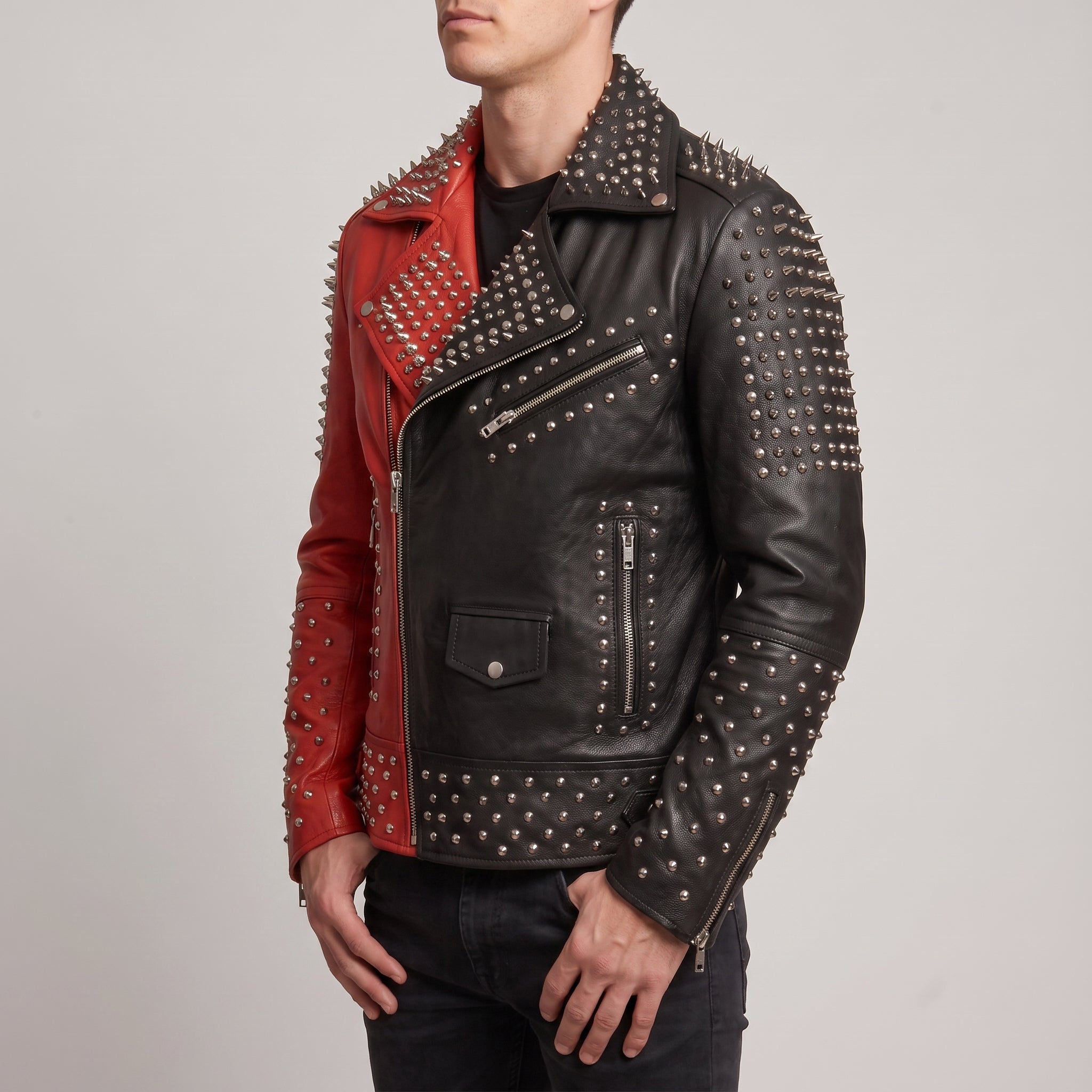 Men's Red and Black Studded Leather Biker Jacket — Gundry